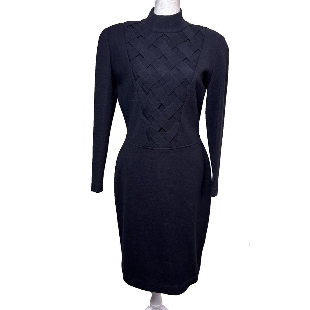 VTG 80s Outlander‎ Black Wool Blend Sweater Dress Lattice Woven Bust Bodycon PS